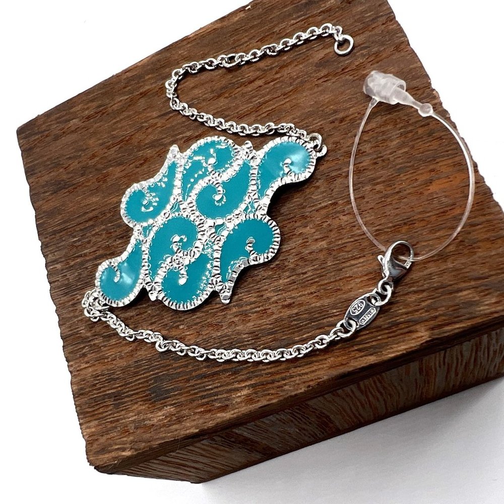 Sterling Silver 7 Inch Painted Enamel Turquoise Filigree Chain Bracelet NIP